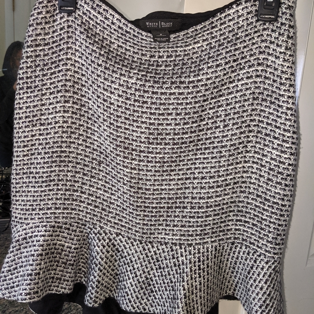 Black and white tweed mid-length work skirt
